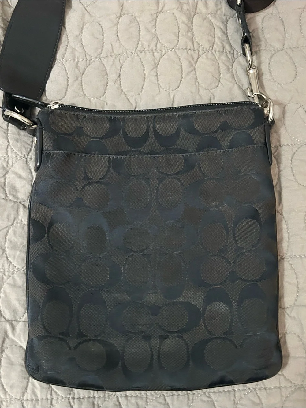 Coach Signature Black Jacquard File Crossbody Bag Leather Trim